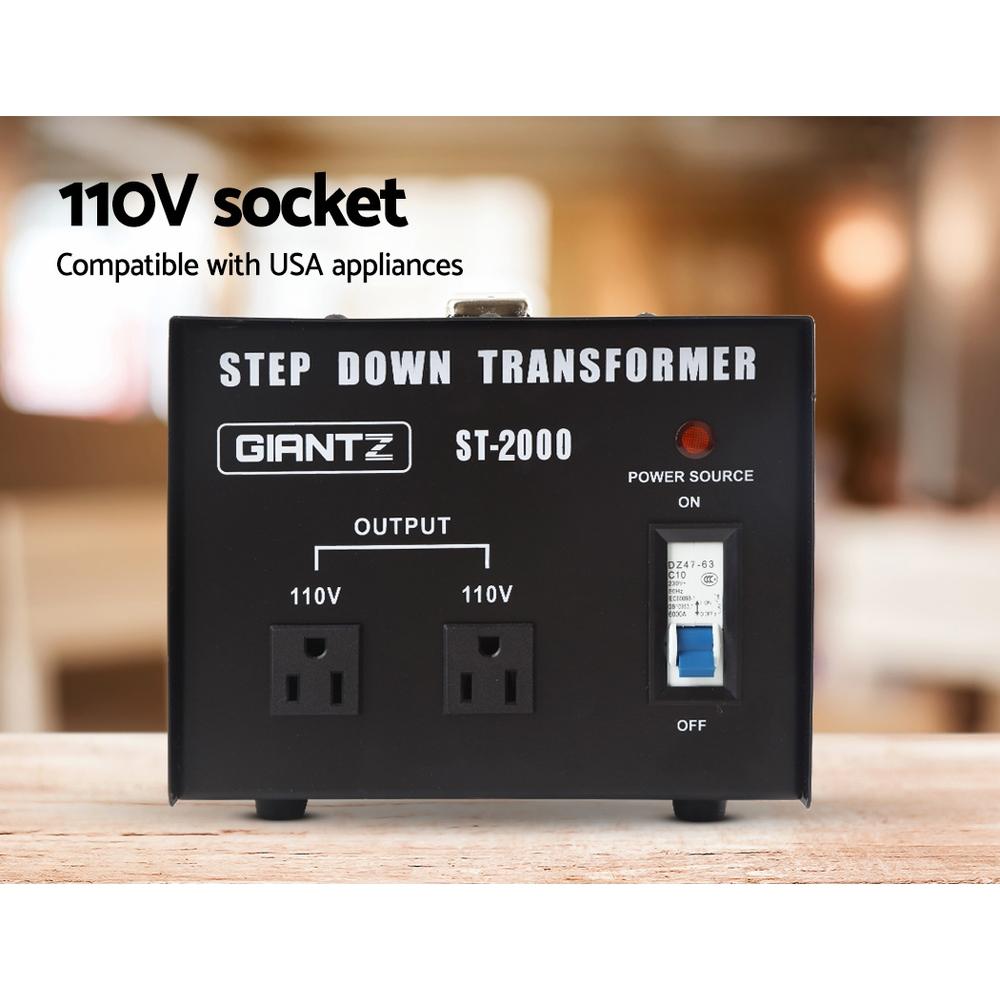 Giantz 2000 Watt Step Down Transformer in black, designed to convert AC240V to AC110V for safe appliance use.