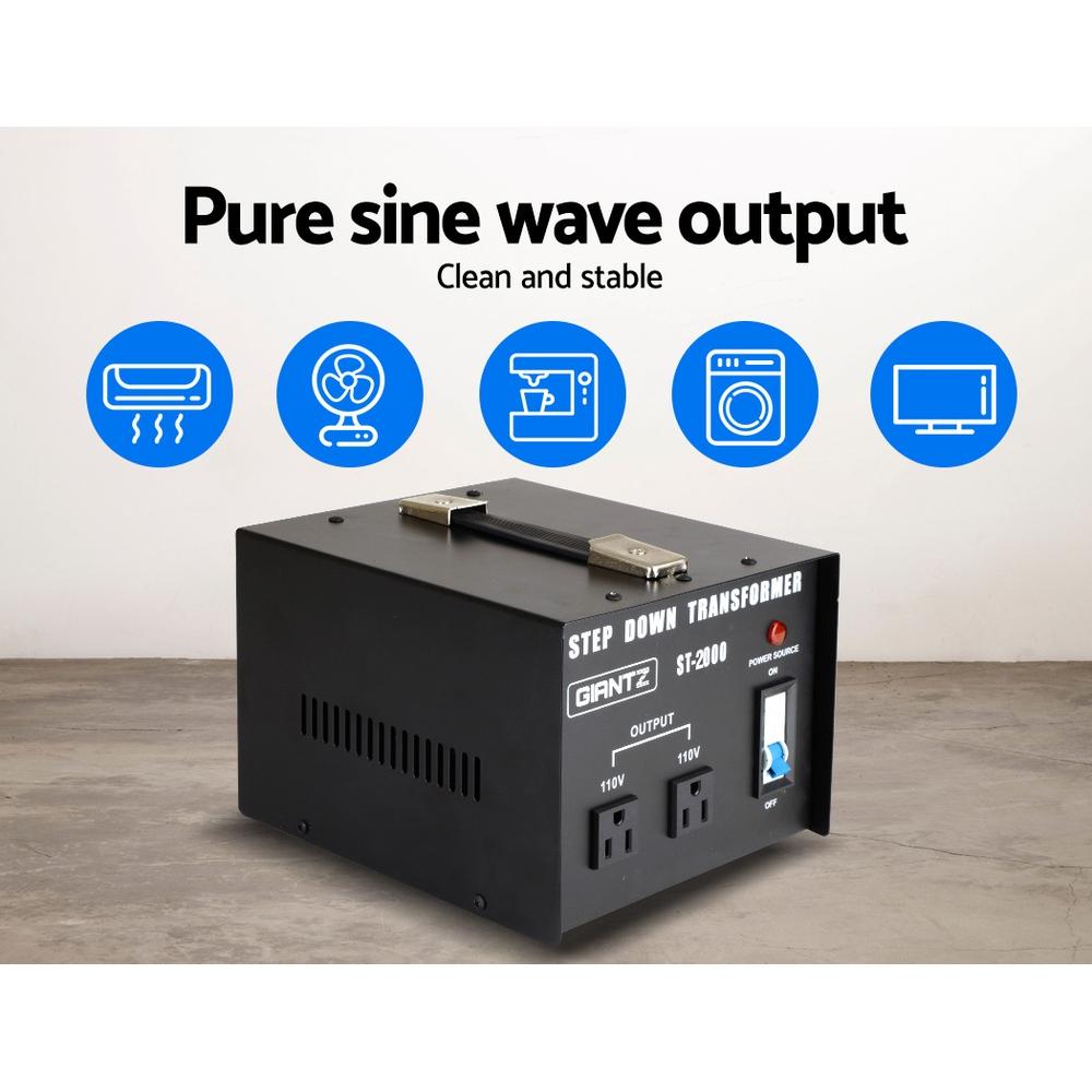 Giantz 2000 Watt Step Down Transformer in black, designed to convert AC240V to AC110V for safe appliance use.