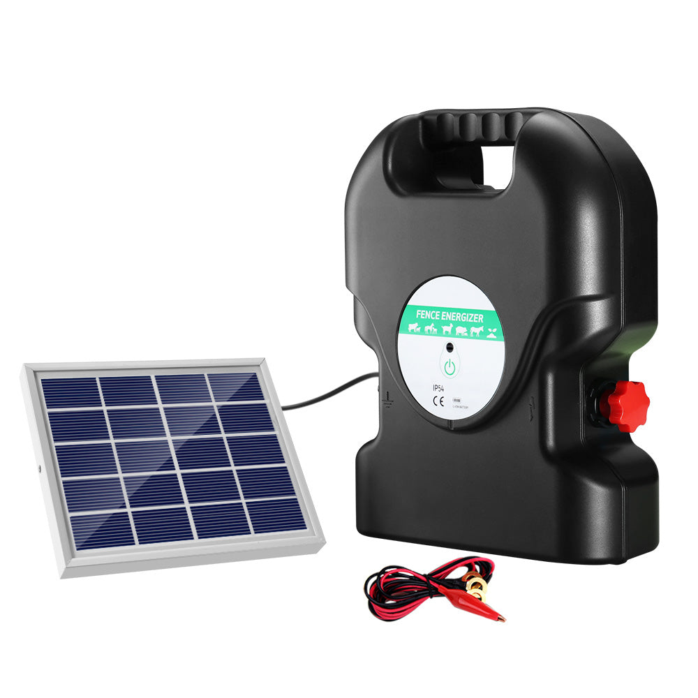 Giantz 20km Solar Electric Fence Energiser with solar panel and warning signs, designed for farm and property security.