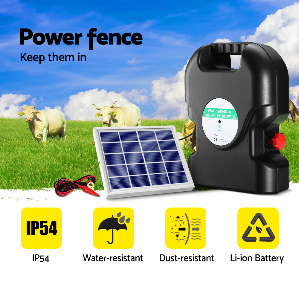 Giantz 20km Solar Electric Fence Energiser with solar panel and warning signs, designed for farm and property security.