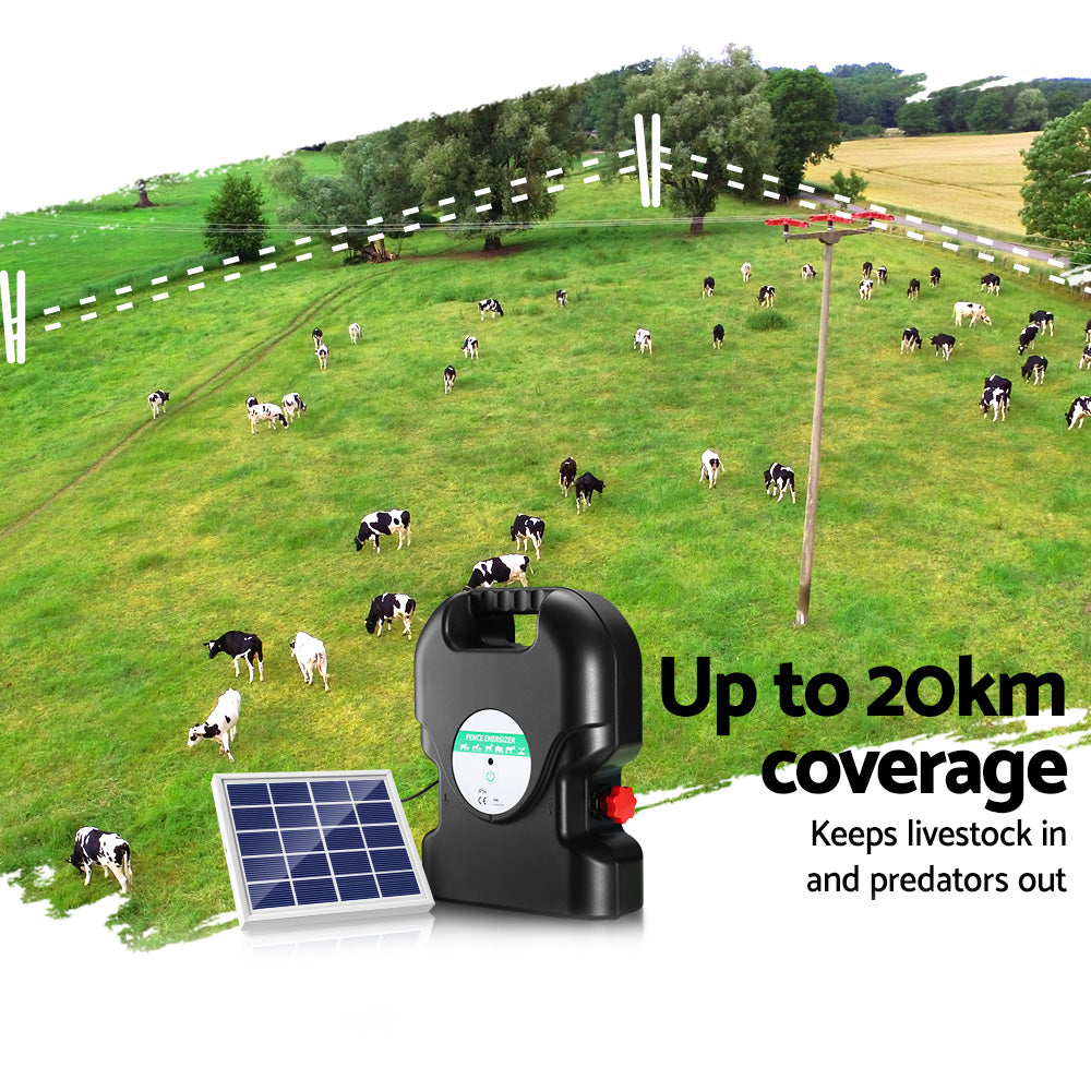 Giantz 20km Solar Electric Fence Energiser with solar panel and warning signs, designed for farm and property security.