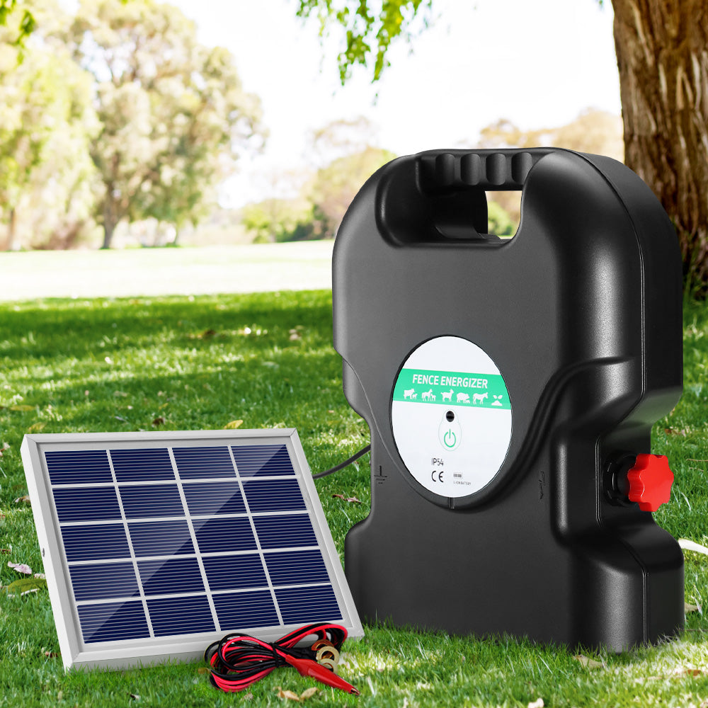 Giantz 20km Solar Electric Fence Energiser with solar panel and warning signs, designed for farm and property security.