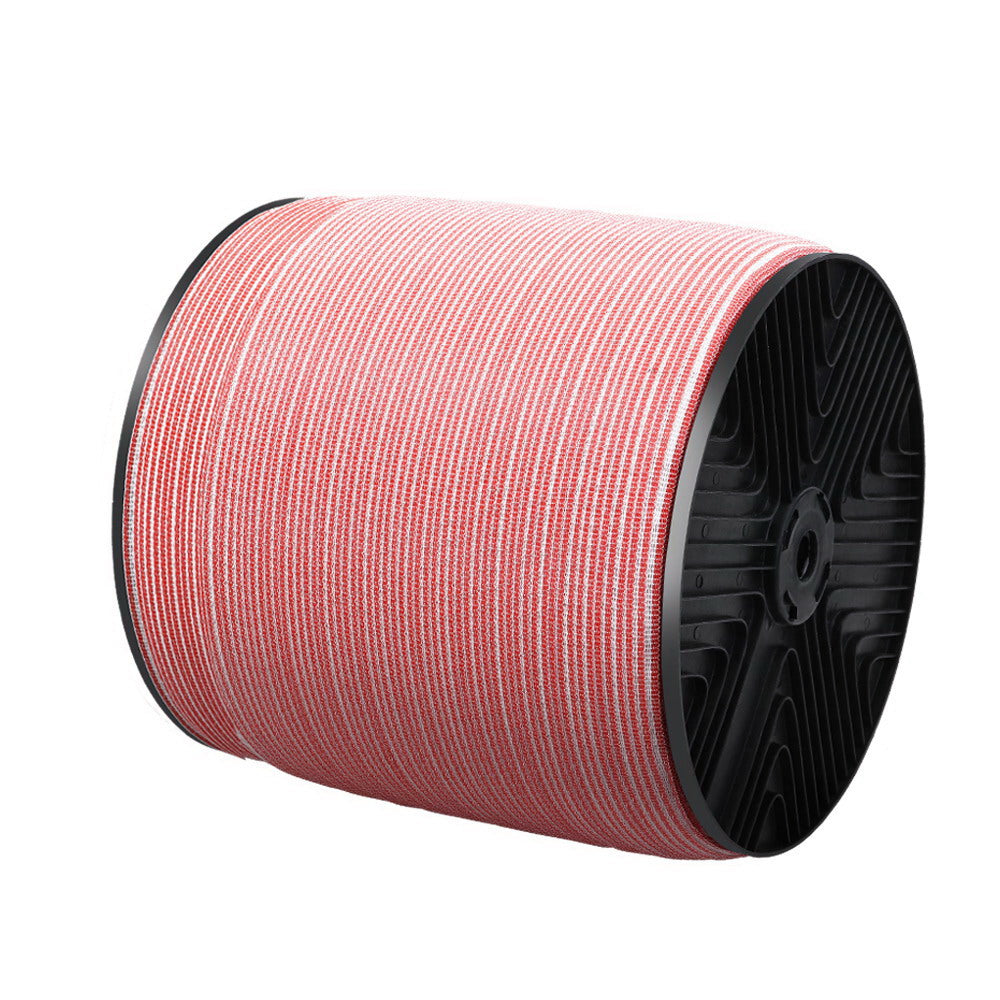 Giantz 2000M Electric Fence Wire Tape in red and white, showcasing its durable stainless steel strands and high visibility for livestock safety.