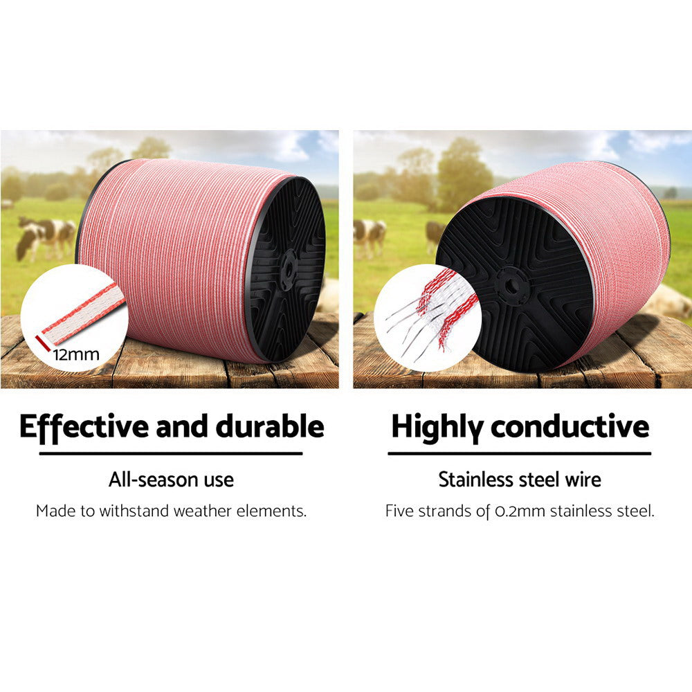 Giantz 2000M Electric Fence Wire Tape in red and white, showcasing its durable stainless steel strands and high visibility for livestock safety.