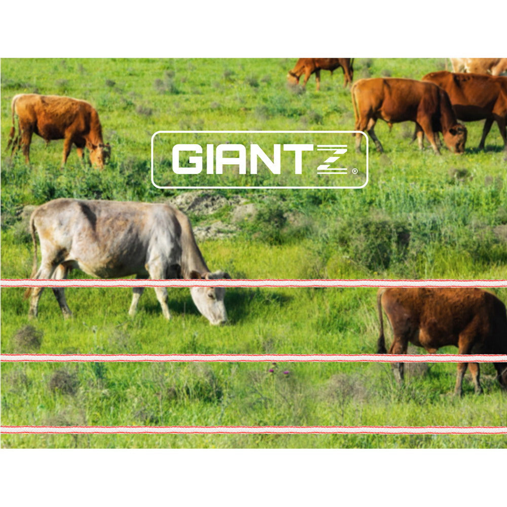 Giantz 2000M Electric Fence Wire Tape in red and white, showcasing its durable stainless steel strands and high visibility for livestock safety.