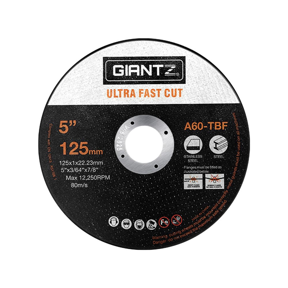 Giantz 200-Piece 5-inch cutting discs for angle grinders, showcasing ultra-thin design and durable construction for cutting stainless steel.
