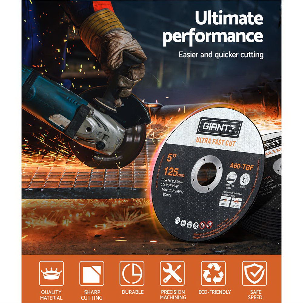 Giantz 200-Piece 5-inch cutting discs for angle grinders, showcasing ultra-thin design and durable construction for cutting stainless steel.