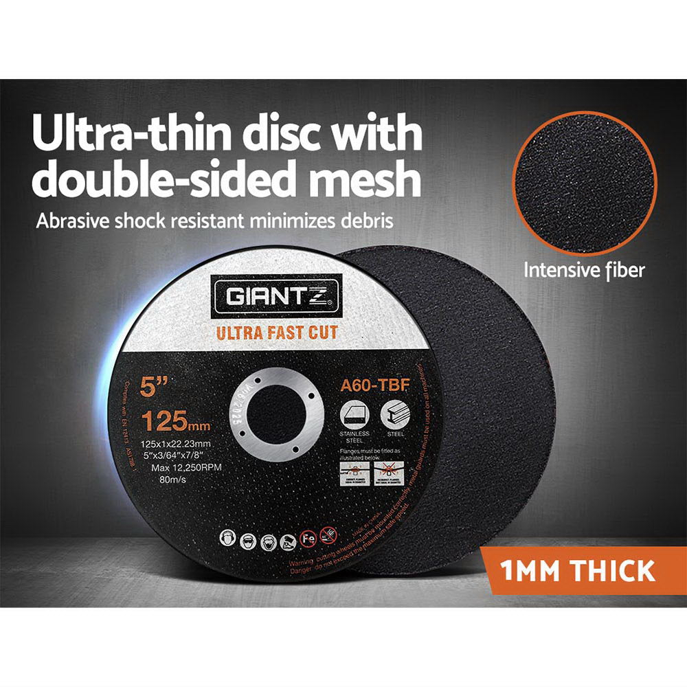 Giantz 200-Piece 5-inch cutting discs for angle grinders, showcasing ultra-thin design and durable construction for cutting stainless steel.