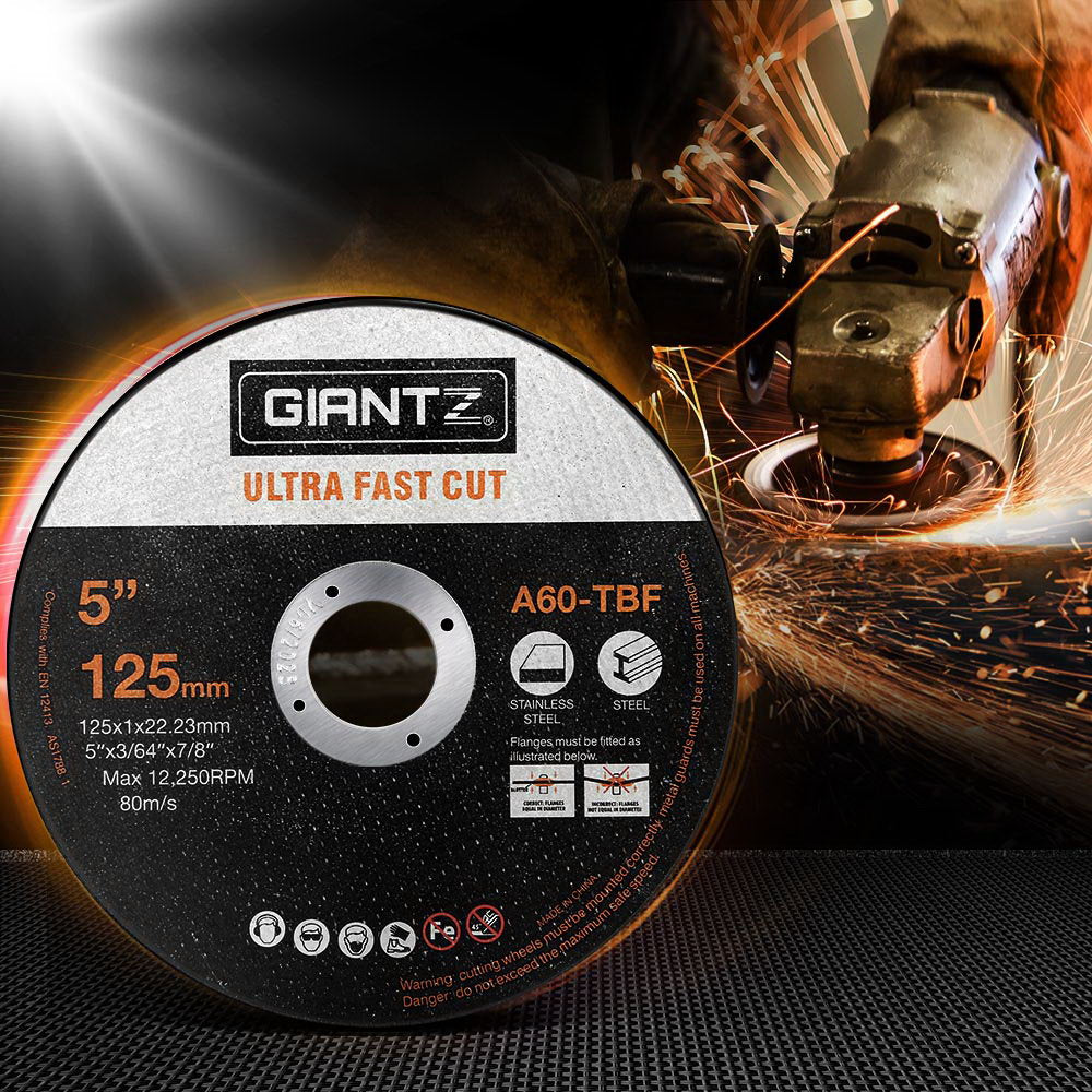 Giantz 200-Piece 5-inch cutting discs for angle grinders, showcasing ultra-thin design and durable construction for cutting stainless steel.