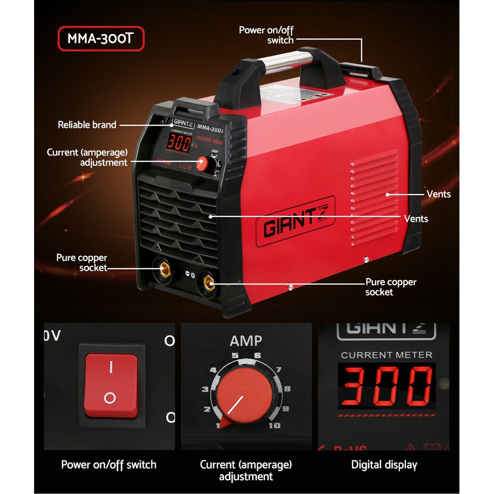 Giantz 300Amp Inverter Welder with digital display and accessories, showcasing its compact design and advanced features.