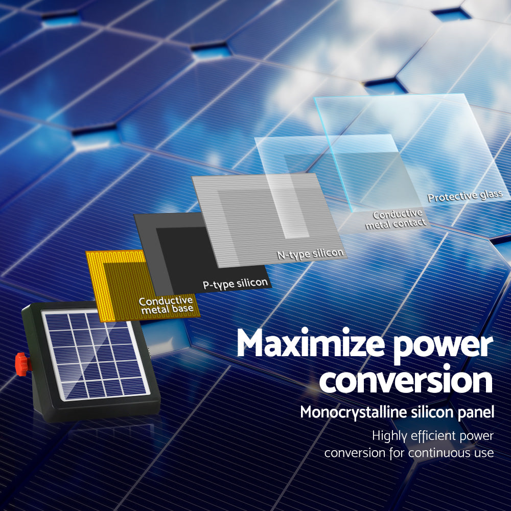 Giantz 4km Electric Fence Energiser with solar panel, cables, and warning signs, designed for livestock safety.