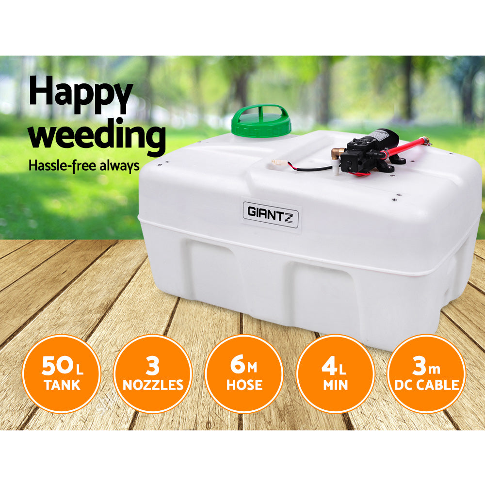 Giantz 50L ATV Garden Weed Sprayer with three nozzles and a long hose, showcasing its durable tank and pump design.