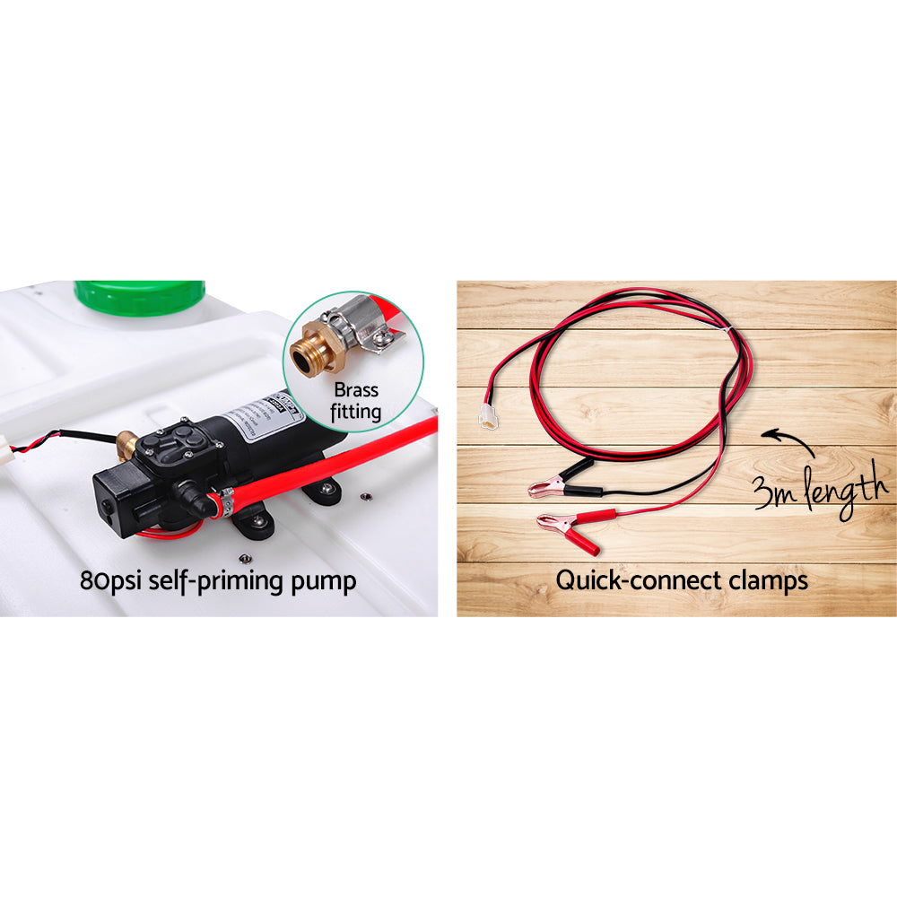 Giantz 50L ATV Garden Weed Sprayer with three nozzles and a long hose, showcasing its durable tank and pump design.