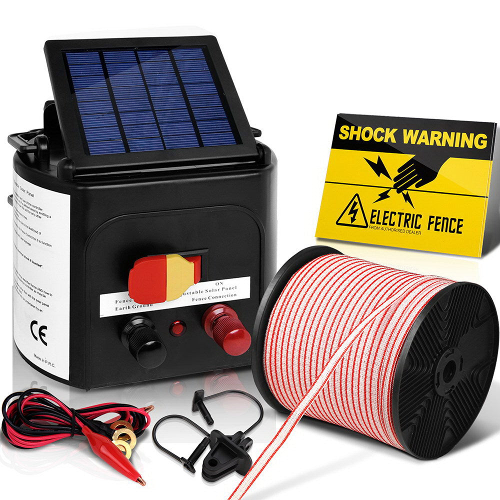 Giantz 5km Solar Electric Fence Energiser with 400m polytape and warning signs, designed for livestock security and animal control.