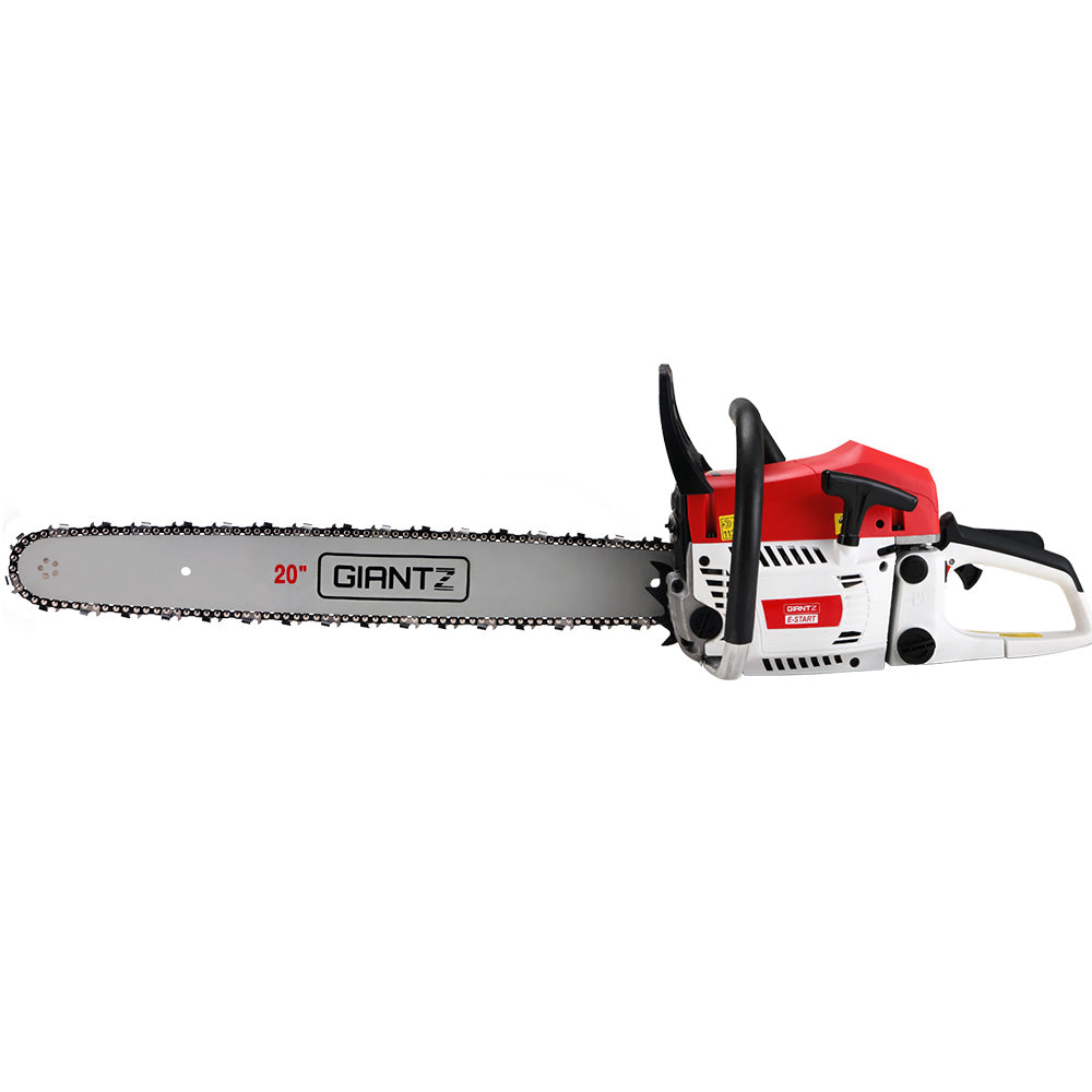 Giantz 62cc Petrol Commercial Chainsaw with 20-inch bar, showcasing its ergonomic design and included safety gear.