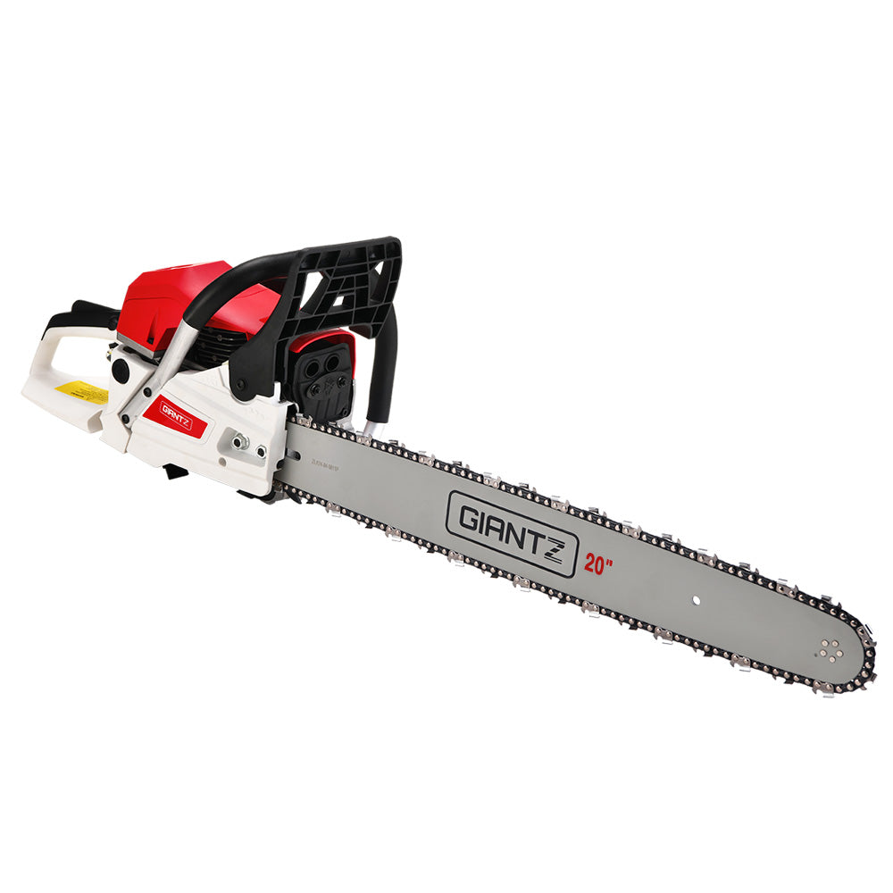 Giantz 62cc Petrol Commercial Chainsaw with 20-inch bar, showcasing its ergonomic design and included safety gear.