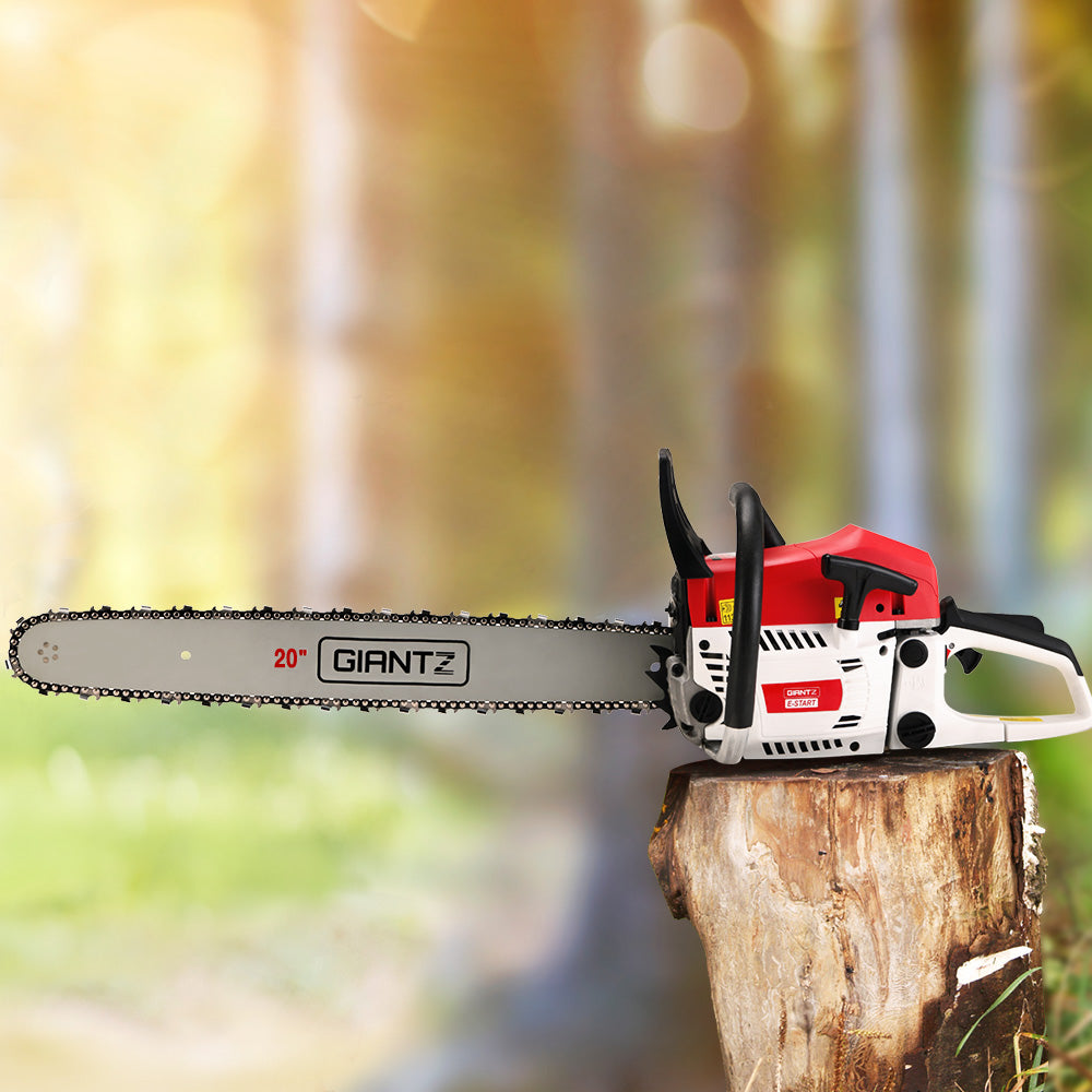 Giantz 62cc Petrol Commercial Chainsaw with 20-inch bar, showcasing its ergonomic design and included safety gear.