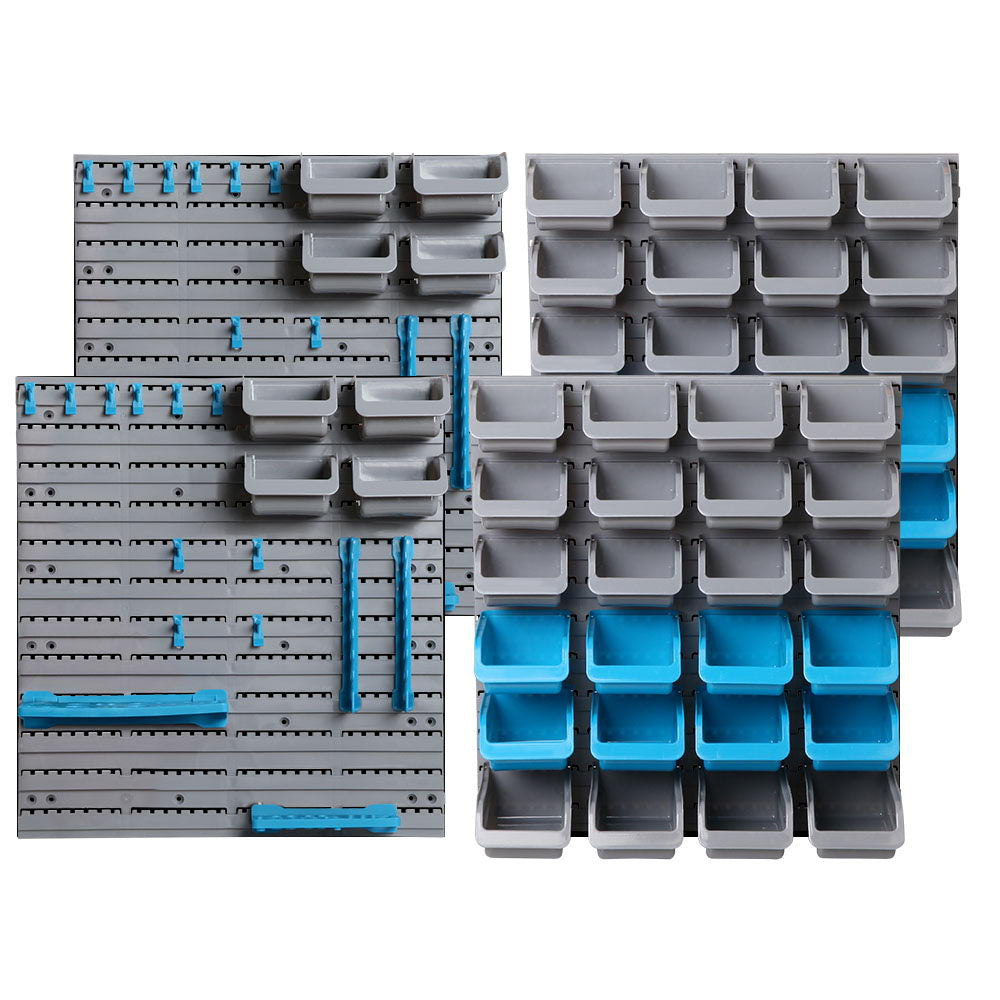 Giantz 88 Parts Wall-Mounted Storage Bin Rack with various bins and tool holders, showcasing organization and storage efficiency.