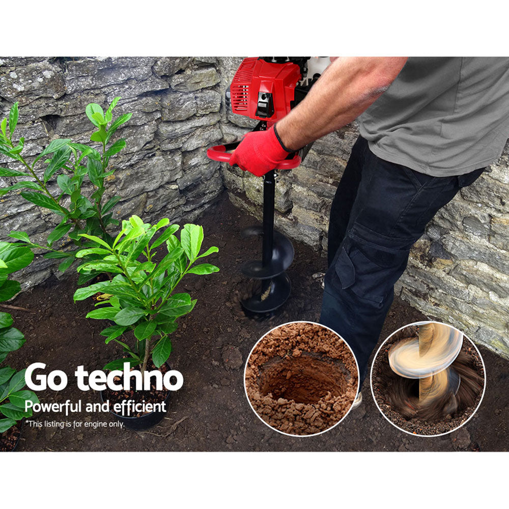 Giantz 92CC Post Hole Digger with petrol engine, showcasing its heavy-duty steel construction and ergonomic rubber hand grips.