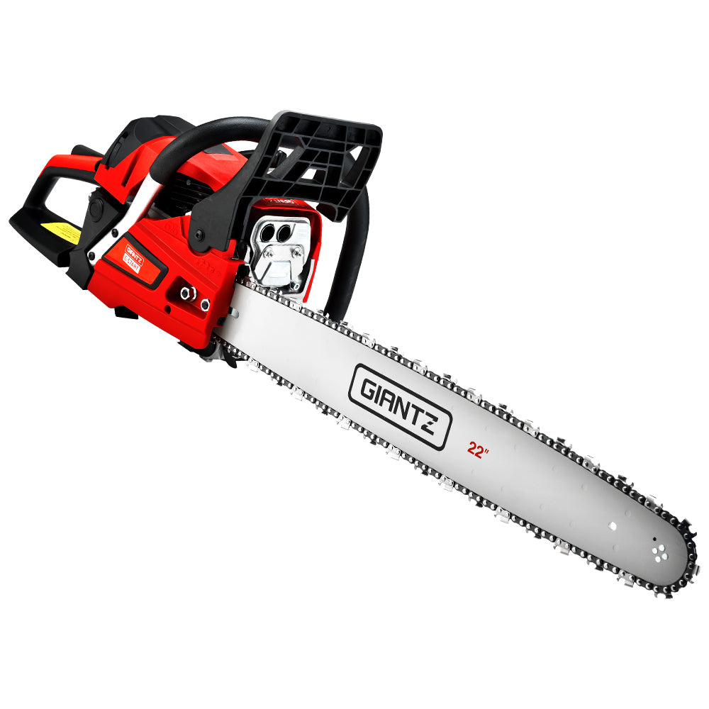 Giantz 58cc Petrol Chainsaw with 22-inch bar, showcasing its powerful engine and safety features.