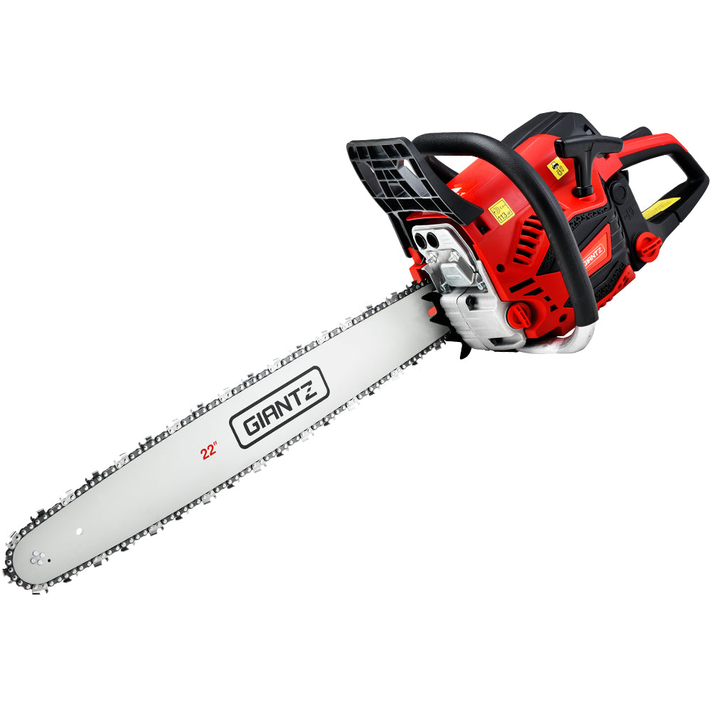 Giantz 58cc Petrol Chainsaw with 22-inch bar, showcasing its powerful engine and safety features.