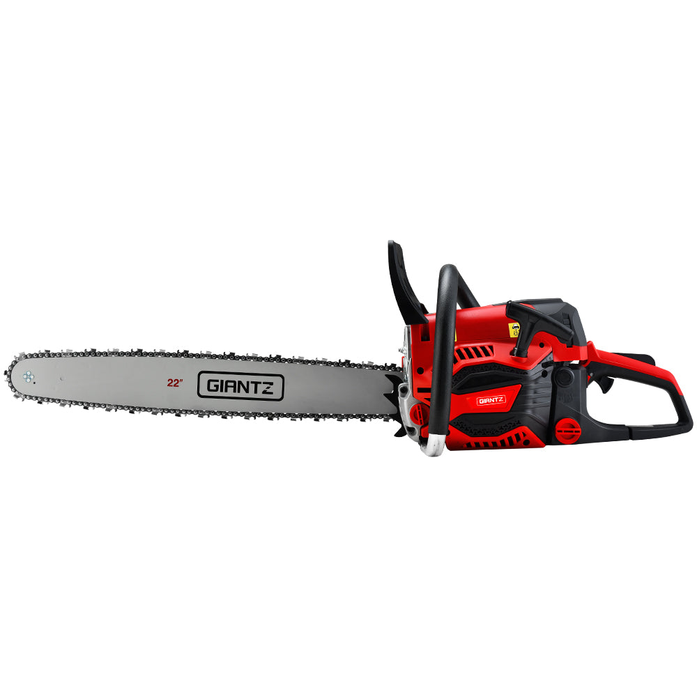 Giantz 58cc Petrol Chainsaw with 22-inch bar, showcasing its powerful engine and safety features.