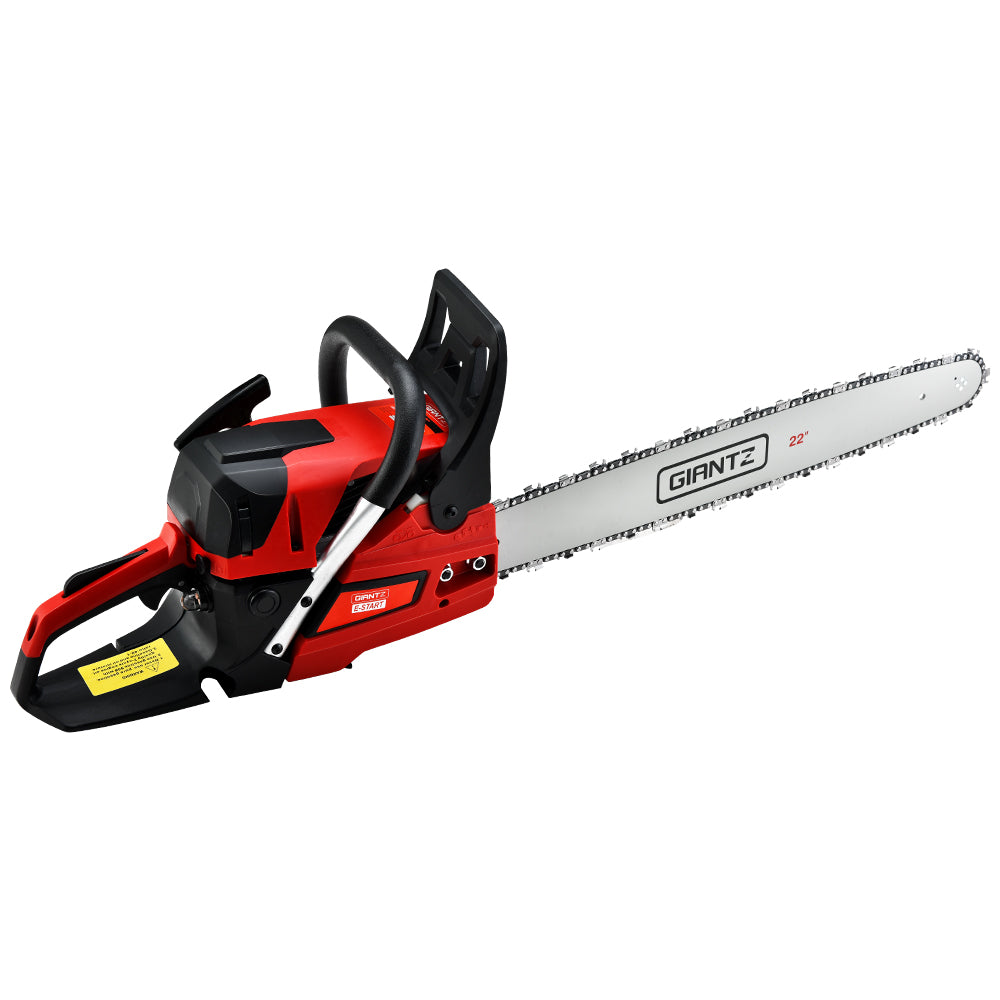 Giantz 58cc Petrol Chainsaw with 22-inch bar, showcasing its powerful engine and safety features.