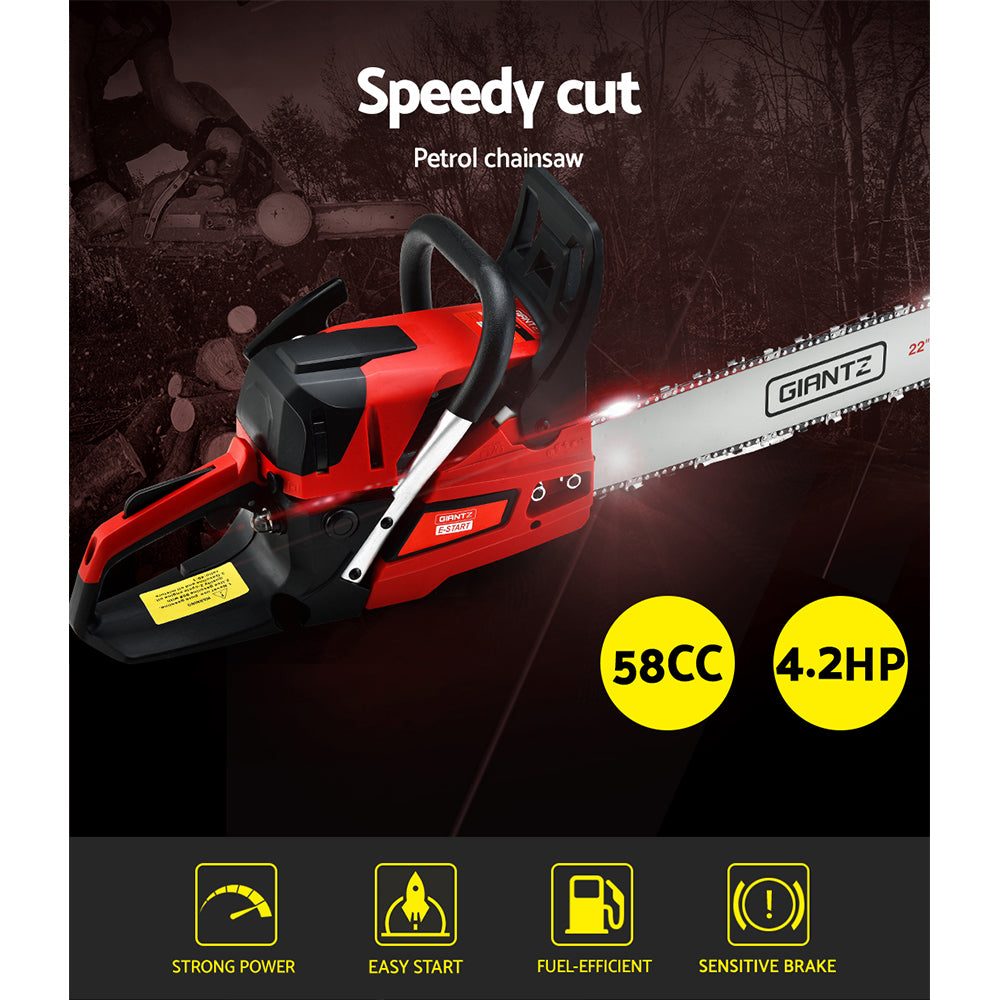 Giantz 58cc Petrol Chainsaw with 22-inch bar, showcasing its powerful engine and safety features.