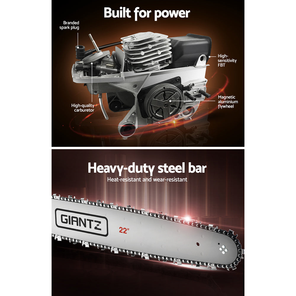 Giantz 58cc Petrol Chainsaw with 22-inch bar, showcasing its powerful engine and safety features.