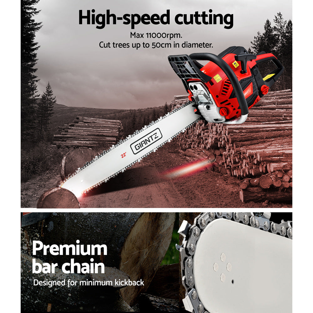 Giantz 58cc Petrol Chainsaw with 22-inch bar, showcasing its powerful engine and safety features.
