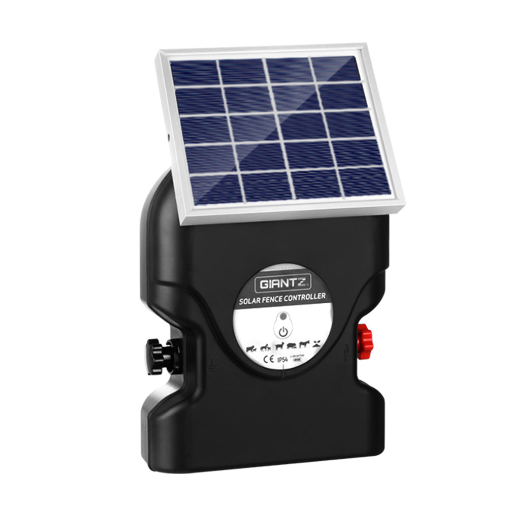 Giantz Electric Fence Energiser with solar panel, designed for farm use, showcasing its compact size and robust features.