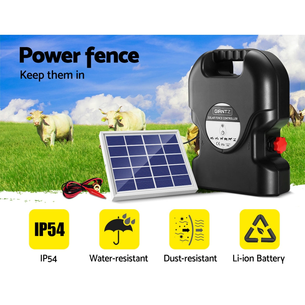 Giantz Electric Fence Energiser with solar panel, designed for farm use, showcasing its compact size and robust features.