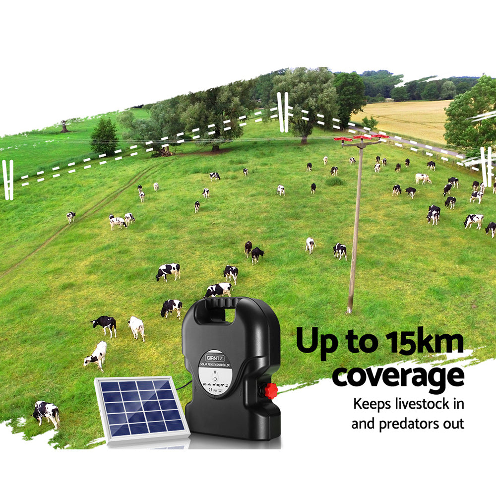 Giantz Electric Fence Energiser with solar panel, designed for farm use, showcasing its compact size and robust features.