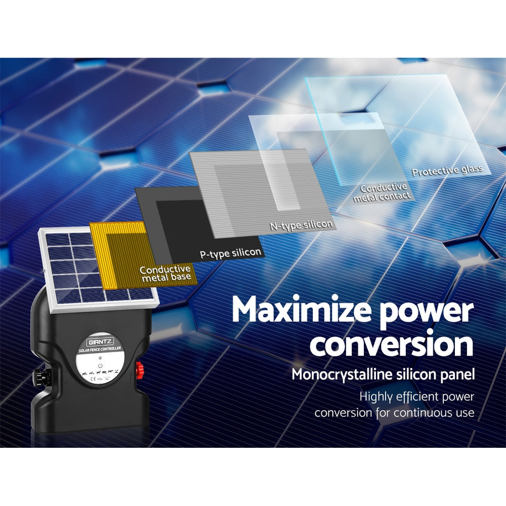 Giantz Electric Fence Energiser with solar panel, designed for farm use, showcasing its compact size and robust features.