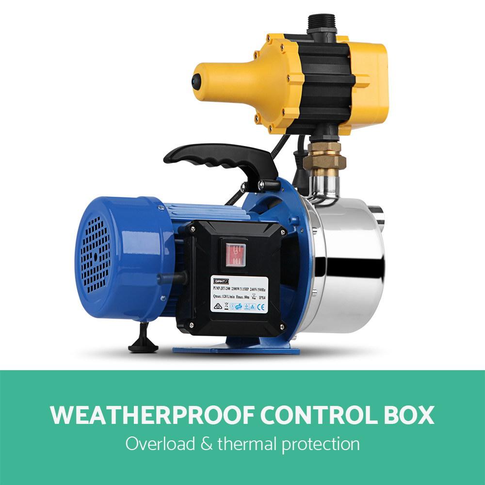 Giantz Garden Water Pump with high-pressure controller, showcasing its stainless steel body and brass fittings, ideal for irrigation.