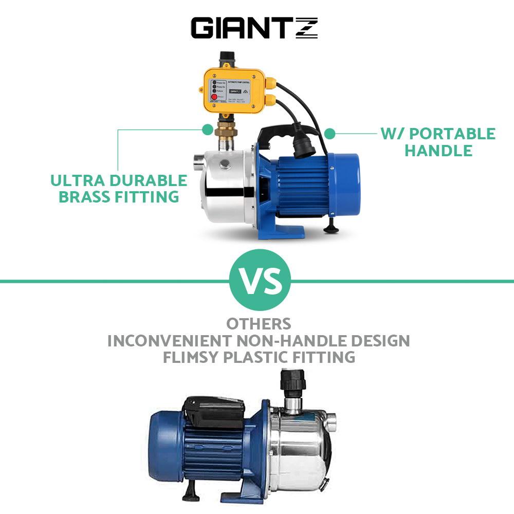 Giantz Garden Water Pump with high-pressure controller, showcasing its stainless steel body and brass fittings, ideal for irrigation.