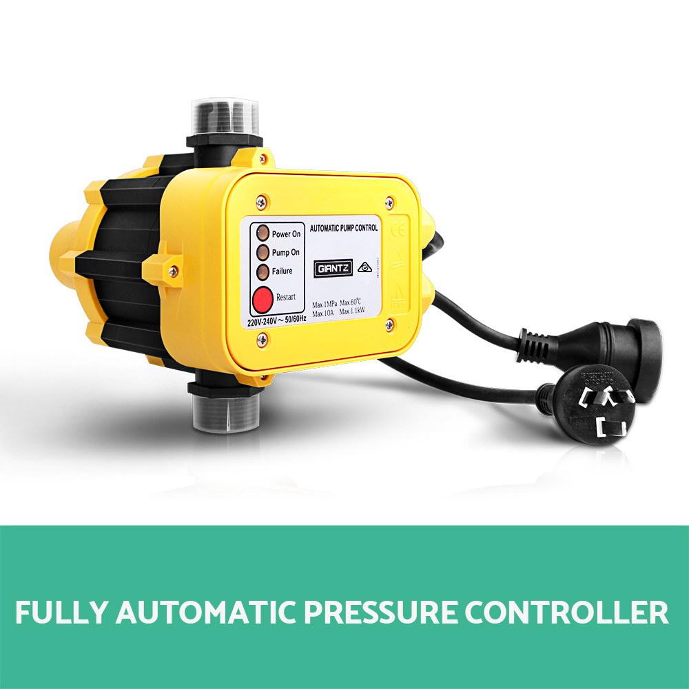 Giantz Garden Water Pump with high-pressure controller, showcasing its stainless steel body and brass fittings, ideal for irrigation.