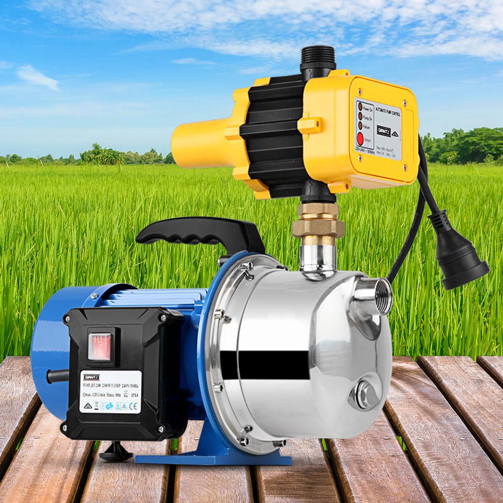 Giantz Garden Water Pump with high-pressure controller, showcasing its stainless steel body and brass fittings, ideal for irrigation.