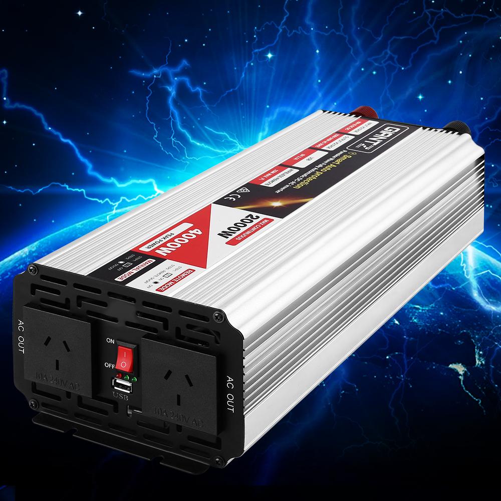 Giantz Power Inverter 2000W 4000W Pure Sine Wave with dual 240V sockets and USB output, ideal for camping and outdoor use.