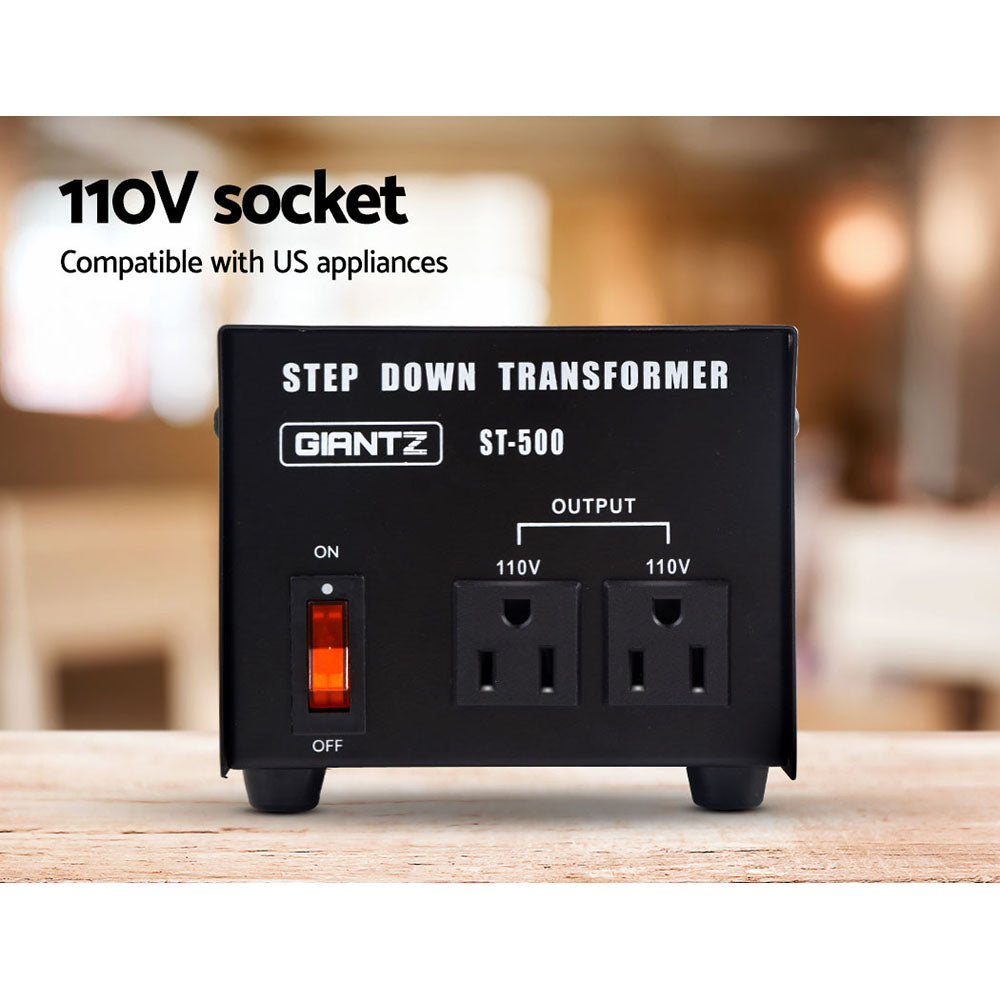 Giantz Stepdown Transformer 500W, black, with Australian plug and 110V socket for American appliances.