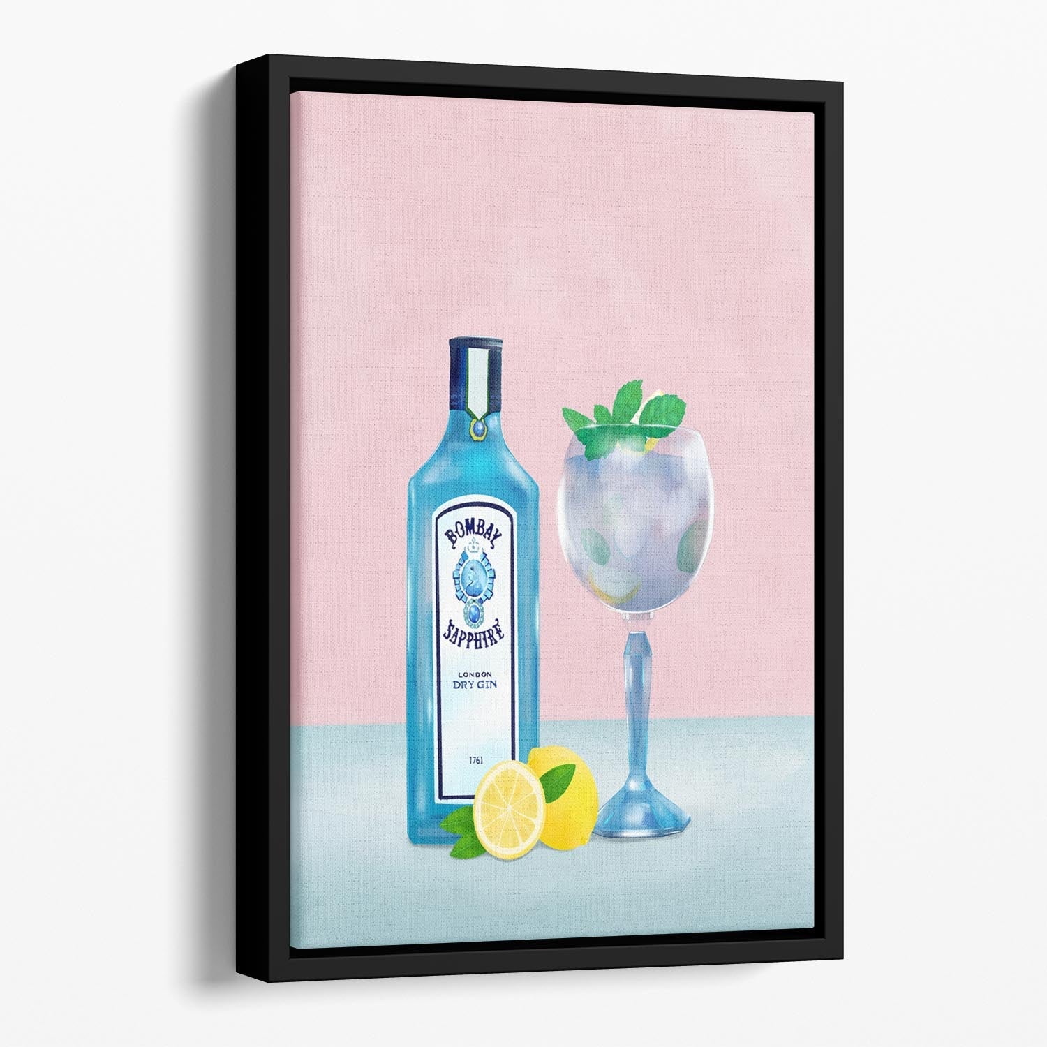A vibrant gin cocktail abstract wall art piece in an elegant floating frame, showcasing colorful design and handcrafted wooden details.
