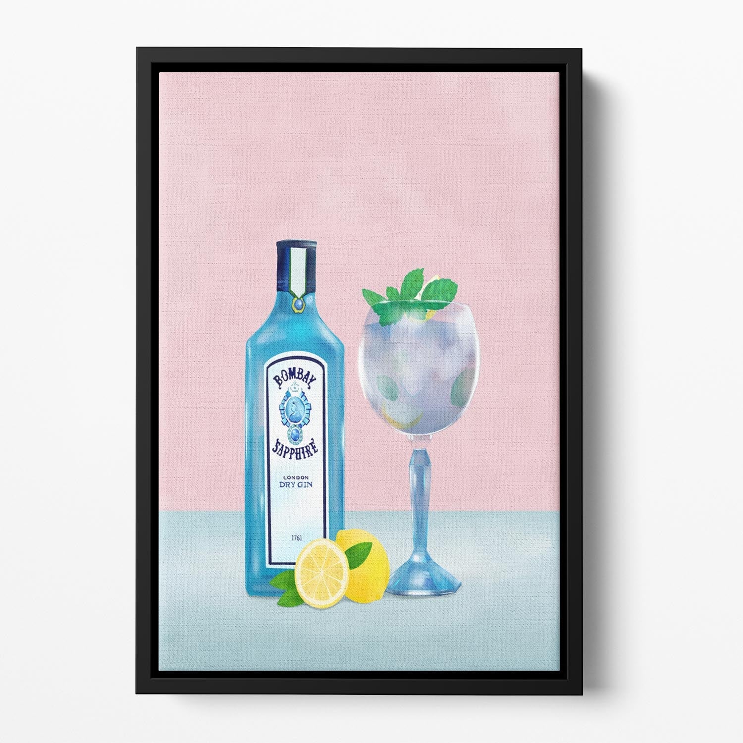 A vibrant gin cocktail abstract wall art piece in an elegant floating frame, showcasing colorful design and handcrafted wooden details.