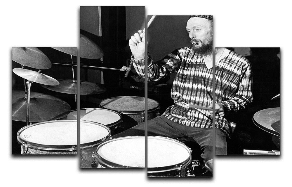 A vibrant 4-split canvas artwork featuring Ginger Baker playing the drums, showcasing dynamic colors and details.