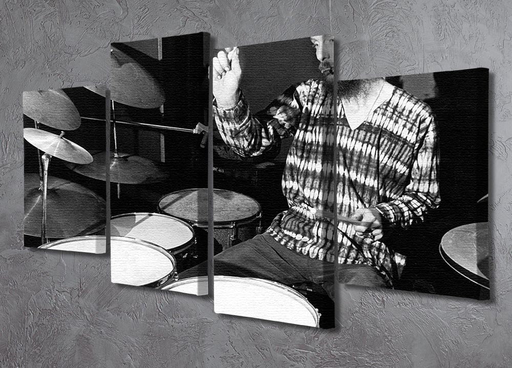 A vibrant 4-split canvas artwork featuring Ginger Baker playing the drums, showcasing dynamic colors and details.