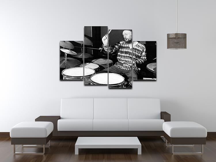 A vibrant 4-split canvas artwork featuring Ginger Baker playing the drums, showcasing dynamic colors and details.