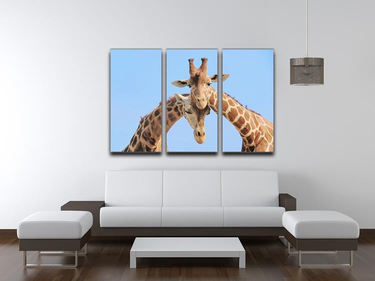 A beautiful 3-panel canvas art featuring a giraffe couple in love against a blue sky background, perfect for home decor.