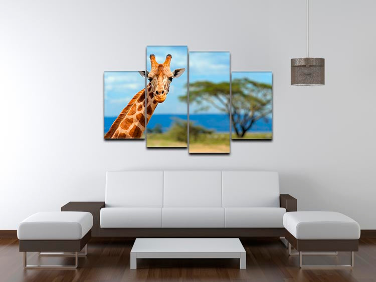 A beautiful 4-split canvas artwork featuring a giraffe in front of Amboseli National Park, showcasing vibrant colors and stunning details.