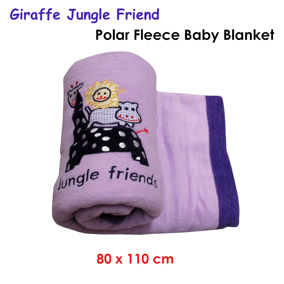 Giraffe Jungle Friend Polar Fleece Baby Blanket featuring animal embroidery in soft colors, measuring 80 x 110 cm.
