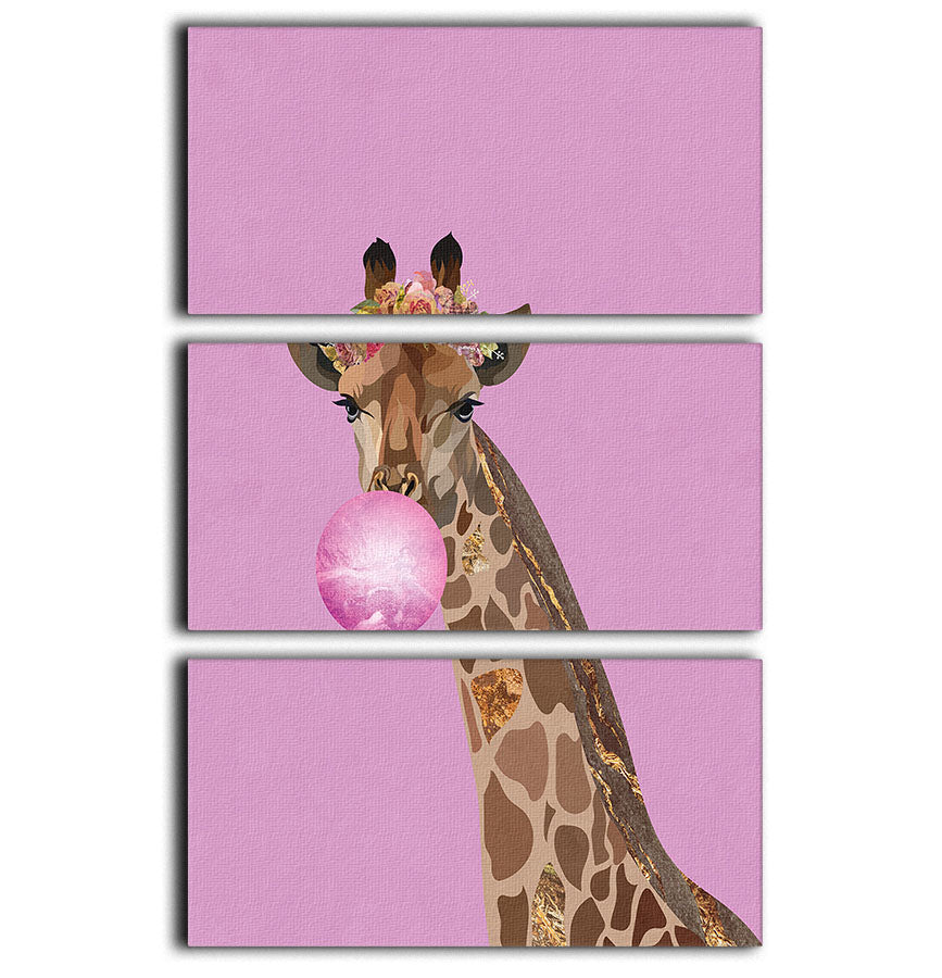 A vibrant 3-panel canvas print featuring a whimsical giraffe in pink bubblegum colors, perfect for home decor.