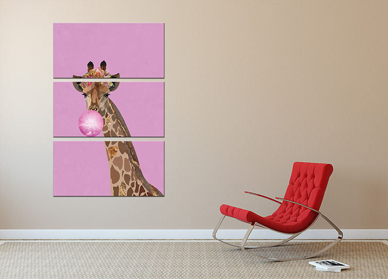 A vibrant 3-panel canvas print featuring a whimsical giraffe in pink bubblegum colors, perfect for home decor.